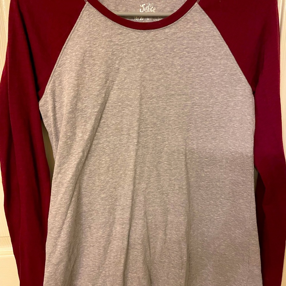 Justice long sleeved raglan shirt size 18/20